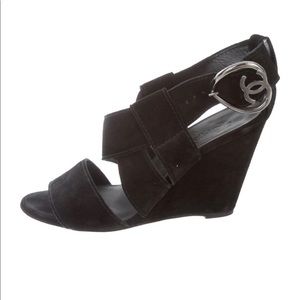 Chanel Suede Multistrap Wedges 37.5 / 7.5